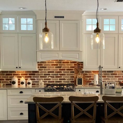 Farmhouse Kitchen Brick Backsplash, Kitchen Brick Backsplash, Kitchen Brick, Brick Backsplash Kitchen, L Kitchen, Kitchen Backsplash Tile, Kitchen Backsplash Ideas, Organizational Ideas, Brick Kitchen