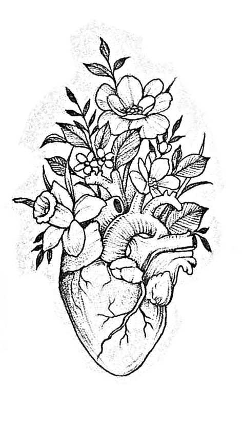 Blooming Heart Drawing, Heart With Flowers Growing Out Of It, Heart Drawing With Flowers, Anatomical Heart Tattoo With Flowers, Heart And Flower Tattoo, Heart With Flowers Tattoo, Anatomical Heart Drawing, Realistic Heart Tattoo, Heart Flower Tattoo