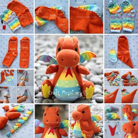 Make This Cute Sock Dragon for Your Kids: Sock Doll, Sock Dolls, Sock Toys, Diy Socks, Sock Crafts, Costura Diy, Sock Animals, Animal Projects, Cool Ideas