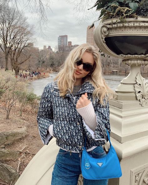 Prada Started a Trend With Its Reissued Nylon Bags, Just Like It's 2005 Again Elsa Hosk Style, Prada Nylon Bag, Bag Outfit, Prada Nylon, Elsa Hosk, Paris Hilton, Jennifer Aniston, Brad Pitt, Nylon Bag