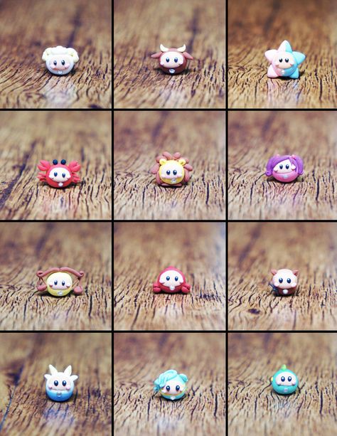 Horoscope! by lyrese Kirby Zodiac, Clay Zodiac, Tiny Polymer Clay, Plastic Fou, Clay Kawaii, Mini Clay, Polymer Clay Figures, Polymer Clay Animals, Cute Polymer Clay