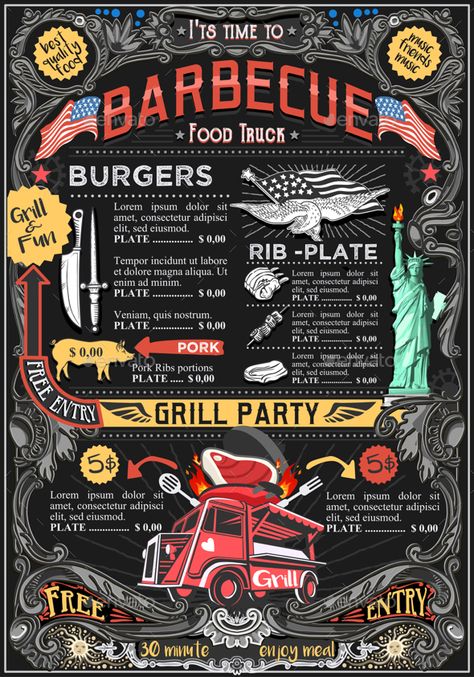 Food Truck Menu Street Food BBQ Grill Festival Vector Poster Bbq Food Truck, Street Food Design, Bbq Festival, Food Truck Menu, Food Bbq, Festival Food, Bbq Catering, Food Truck Festival, Bbq Menu