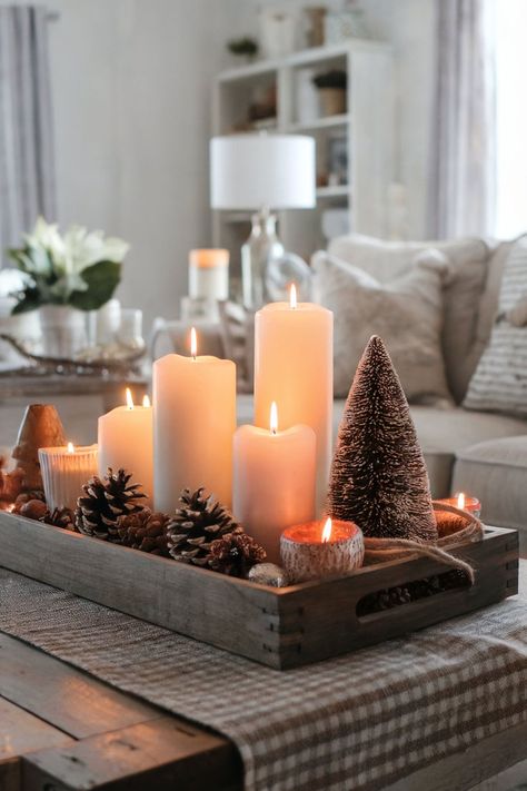 A rustic farmhouse-style coffee table with Christmas decor, candles with lights, pinecones, all put in a wooden tray for a cozy holiday ambiance. Center Table Living Room Christmas Decor, Christmas Table Tray Decor, Christmas Coffee Table Decor Living Rooms, Coffee Table Tray Styling, Christmas Decor Coffee Table, Ideas For Coffee Tables, Christmas Tray Decor Ideas, Coffee Table Christmas Decor, Narnia Christmas