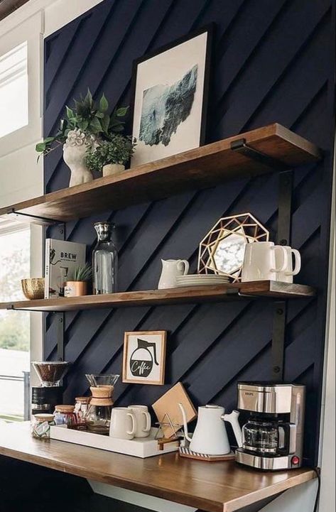 Shelves In Bar Area, Snack Bar With Floating Shelves, Coffee Bar Wall Shelves, Wall Mount Coffee Bar, Accent Wall Coffee Bar, Coffee Bar Accent Wall Ideas, Black Accent Wall Coffee Bar, Open Shelving Bar Area, Coffee Bar Shelf Ideas Wall Shelves