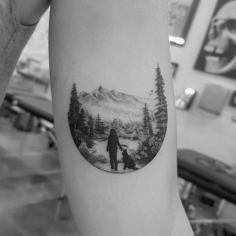 Mountains And Dog Tattoo, Beautiful Dog Tattoos, Mountain And Dog Tattoo, Couple Dog Tattoo, Montana Mountains Tattoo, Dog Mountain Tattoo, Tattoos For Animal Lovers, Hiking Tattoos For Women, Gibson Tattoo