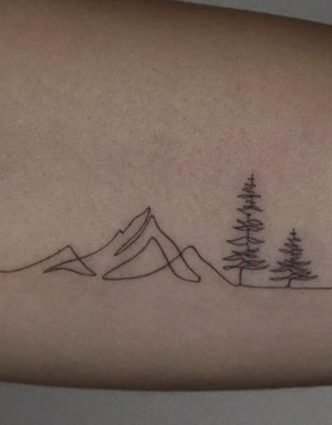 Matching Pine Tree Tattoos, Bc Tattoo Ideas, Treeline Tattoo, View Between Villages Tattoo, Yosemite National Park Tattoo, Small Nature Tattoos Men, Collarbone Mountain Tattoo, Mountain And River Tattoo, Simple Mountain And Tree Tattoo