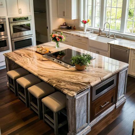 15 Kitchen Island Inspirations to Transform Your Cooking Space Grey Kitchen Inspiration, Elegant Kitchen Island, Kitchen Island With Cooktop, Island With Stove, Kitchen Island With Stove, Granite Kitchen Island, Cooking Island, Kitchen Layouts With Island, Kitchen Island Tops