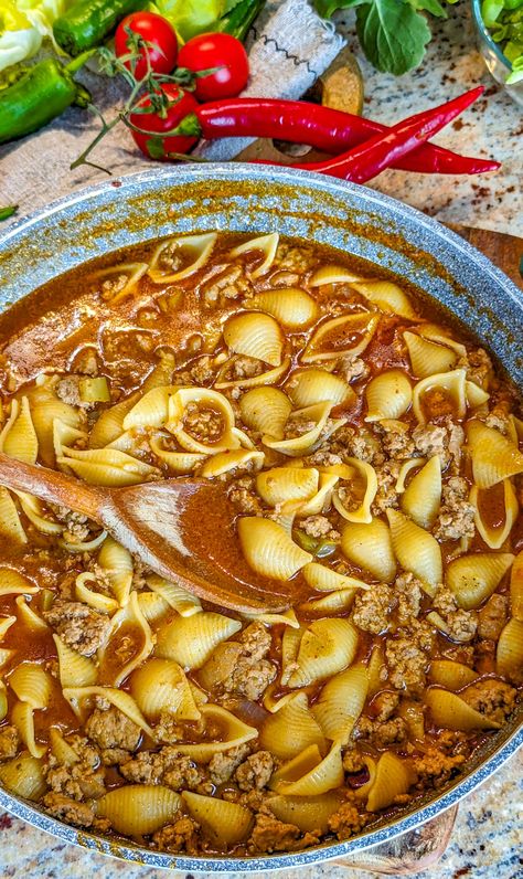 Carne Beef Recipes, Mexican Hamburger And Shells, Mexican Pasta Shells With Ground Beef, Mexican Goulash Ground Beef, Mexican Conchitas Recipe, Mexican Dish With Ground Beef, Fideo With Ground Beef Recipes, Conchitas Con Carne Ground Beef, Tex Mex Ground Beef Recipes