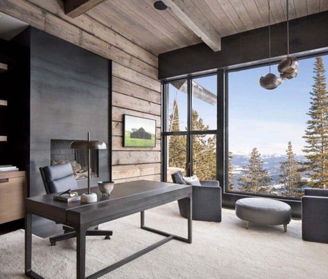 Modern ski home in Montana boasts views of snow-capped mountains Modern Ski Home, Ski Home, Rustic Home Offices, Fireplace Wood, White Marble Floor, Game Room Family, Ski House, Cozy Living Spaces, Mountain Modern