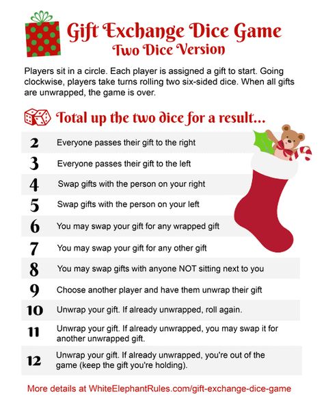 Instructions for the gift exchange dice game, two dice version Christmas Dice Exchange Game, Gag Gift Exchange Game, Xmas Gift Exchange Games, Dice Exchange Gift Game, How To Play White Elephant Game, Dirty Santa Dice Game, How To Play Dirty Santa Game, Dice Exchange Game Christmas Gifts, Deck Of Cards Gift Exchange Game