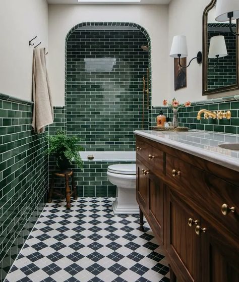 This is the definition of a stylish and traditional bathroom. Dark Bathroom White Tiles, Emerald Green Subway Tile Bathroom, Hotel 1928 Bathroom, Shower Bath Bathroom Ideas, Unique Tiles Bathroom, Full Wall Tile Bathroom, Small Bathroom Shower Stall, Bathroom Tiles Color Combination, Modern Farmhouse Bathroom Ideas Design Master Bath