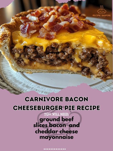 🍔🥓 Calling all bacon lovers! Try our mouthwatering Carnivore Bacon Cheeseburger Pie Recipe for a flavor-packed meal! 🧀🥧 Carnivore Bacon Cheeseburger Pie Recipe Ingredients: - 1 lb ground beef - 6 slices bacon, cooked and crumbled - 1 cup shredded cheddar cheese - 1/2 cup mayonnaise - 1/4 cup ketchup - 1/4 cup chopped onion - 1/4 teaspoon garlic powder - Salt and pepper to taste - 1 refrigerated pie crust Instructions: 1. Preheat oven to 375°F. 2. In a skillet, brown ground beef with onions... Bacon Cheeseburger Pie, Cheeseburger Pie, Candy Poster, Refrigerated Pie Crust, Bacon Lover, Carnivore Diet, Bacon Cheeseburger, Ultimate Comfort Food, Crispy Bacon