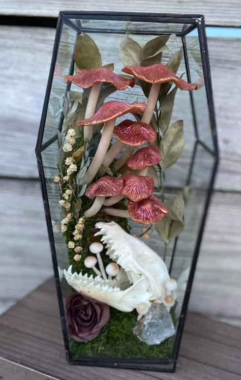 Witchy Decor Aesthetic, Oddities Terrarium, Oddities Decor Diy, Skeleton Terrarium, Skull Terrarium, Resin Oddities, Glass Coffin Terrarium, Oddities Decor, Taxidermy Decor