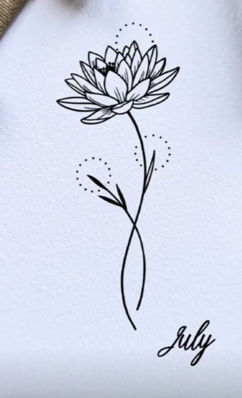 July Birth Flower Drawing, Water Lily And Chrysanthemum Tattoo, Water Lily Name Tattoo, July Birth Flower Tattoo Fine Line, July Birth Month Tattoo, July And April Flower Tattoo, July Flowers Tattoo, Waterlilly Tattoo Arm, Dainty Water Lily Tattoo