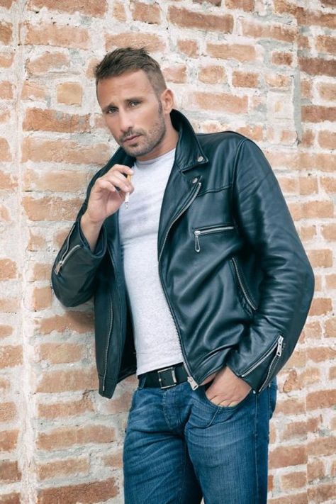 "There's something about the way he looks..." Mattias Schoenaerts, George Michael Poster, Matthias Schoenaerts, Famous Outfits, Black Leather Biker Jacket, Travis Fimmel, Leather Jacket Style, Lambskin Leather Jacket, Leather Jeans