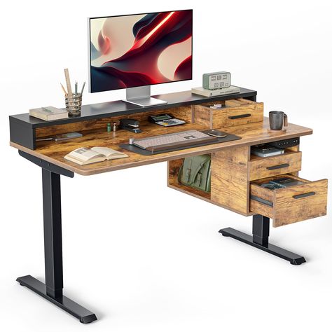 PRICES MAY VARY. Whole-Piece Workspace: Our whole-piece stand up desk top reduces the hassle of the cleaning process, which also provides a broad space for working and writing! 3 Pull-out Drawers: FEZIBO Standing Desk feature a unique, practical design. Three wooden pull-out drawers provide a larger storage space for multiple items! Memory Height and Anti-Collisionollision Technology: Standing adjustable height desk has 3 programmable memory height buttons. If the electrical desk encounters obst Sit To Stand Desk Office, Desk With Monitor Shelf, Rising Desk, Standing Desk Adjustable, Desk Adjustable Height, Desk With Monitor, Monitor Shelf, Best Standing Desk, Computer Station