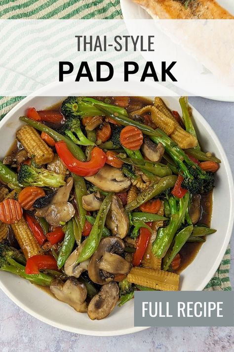 Make restaurant-style pad pak in just 15 minutes! The flavorful Thai stir-fried vegetables pair perfectly with rice or protein to make it a complete meal. Thai Stir Fry Veggies, Pad Pak Recipe, Thai Vegetables, Thai Vegetable Stir Fry, Thai Stir Fry Vegetables, Vegetable Pad Thai Recipe, Thai Mixed Vegetables Stir Fry, Thai Basil Fried Rice, Vegetable Rice Recipe