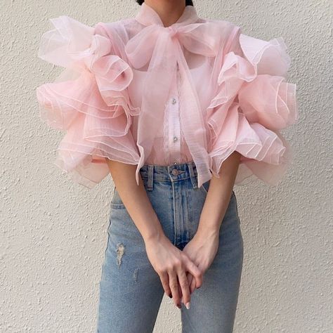 Fluffy Sleeves Blouse, Frilly Sleeves, Rose Sleeve, Feather Gown, Designer Hair Accessories, Frilly Blouse, Mode Abaya, Fashion Tops Blouse, Trendy Fashion Tops