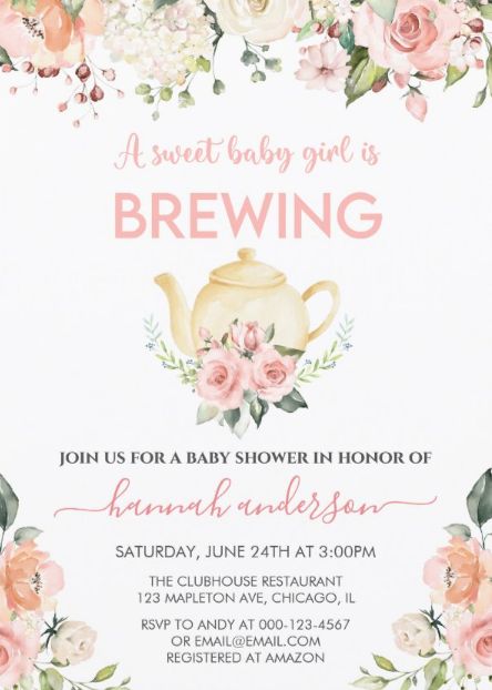 Twin Girls Baby Shower Ideas, Tea For Two Baby Shower Ideas, Twin Girl Baby Shower Ideas, Tea Party Baby Shower Theme, Tea Party Baby Shower Invitations, High Tea Baby Shower, Girl Shower Themes, Baby Tea, A Baby Is Brewing