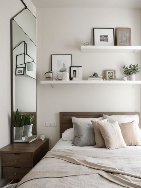 Shelves Bedroom Aesthetic, Aesthetic Small Room, Shelves Bedroom, Minimalist Bed Frame, Shelf Above Bed, Floating Shelves Bedroom, Shelves For Storage, Aesthetic Bedroom Ideas, Minimalist Bed