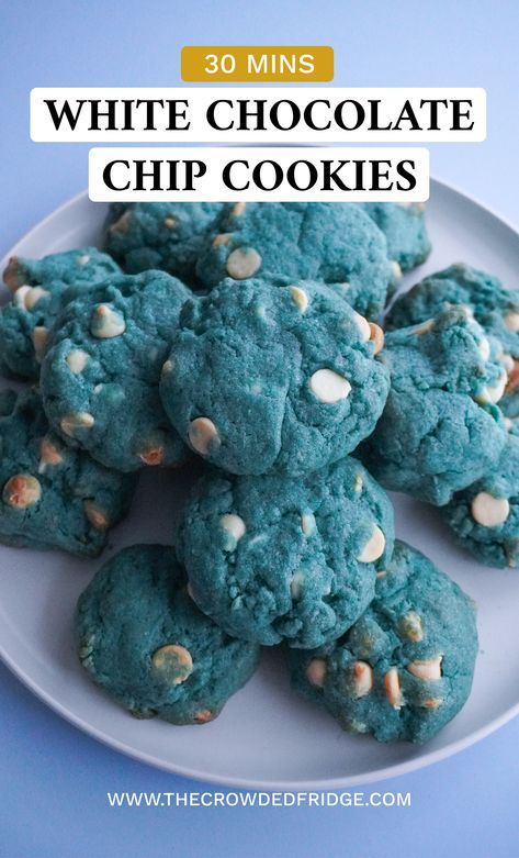 White Chocolate Chip Cookies Blue Chocolate Chip Cookies, Blue Party Foods, Blue Snacks, Mini Chocolate Chip Cookies, White Chocolate Chip, Party Snack Food, Blue Cookies, White Cookie, The Lightning Thief