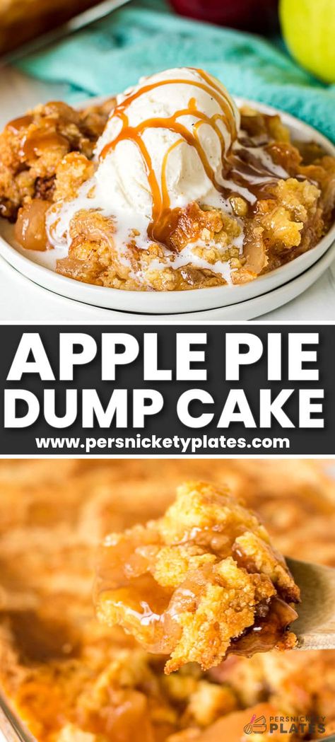 This easy 4 ingredient apple pie dump cake is made with a boxed cake mix, apple pie filling, butter, and cinnamon. It's a deconstructed (some might say lazy) version of a classic apple pie, including all of the traditional apple cinnamon flavors, but without the work of having to prepare a pie crust! | www.persnicketyplates.com Desserts With Apple Pie Filling Easy Recipes, Apple Pecan Dump Cake Recipes, Best Apple Dump Cake, Apple Fritter Dump Cake, Recipes With Can Apple Pie Filling, Recipes With Canned Apples Pie Fillings, Canned Apple Pie Filling Recipes With Bisquick, Apple Cake Pie, Recipes Using Apple Pie Filling Simple