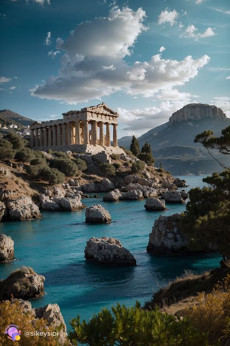 Greek Temple on the Cliffs: Where History Meets Nature | Art, Digital Art  The Greek temple on the cliffs represents a point where history meets nature. The digital artwork captures its grandeur amidst the rugged landscape, creating a compelling visual story. This image was generated using Stable Diffusion. #GreekTemple #HistoryAndNature #Art #DigitalArt Greek Landscape Art, Greek Temple Art, Greek Vineyard, Grecian Aesthetic, Theros Art, Greek Artwork, Greek Landscape, Greece Design, Rugged Landscape