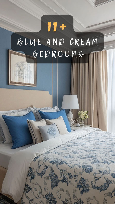 Transform your sleep space into a serene sanctuary with blue and cream! Click to discover 11 dreamy bedroom ideas! 🌜💤 #BedroomInspo #SereneSanctuary #HomeDecor #PeacefulSleep #InteriorDesign Bedding To Match Blue Walls, Blue And Cream Room Aesthetic, Cornflower Blue Bedroom Ideas, Blue And Sand Bedroom, Periwinkle Bedroom Ideas, Blue And Beige Bedroom Ideas, Cream And Blue Bedroom, Blue And Cream Bedroom Ideas, Blue And Yellow Bedroom Ideas