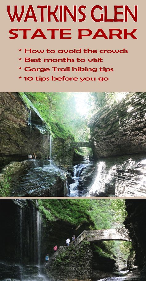 Watkins Glen State Park waterfalls and hikers which walk under the fall on the Gorge Trail. Glen Watkins State Park, High Falls Gorge Ny, Watkins Glen Gorge Trail, Glen Falls Ny, Places To Visit In New York State, Upper New York State Travel, Things To Do In Watkins Glen Ny, Ricketts Glen State Park Hiking, Ricketts Glen State Park