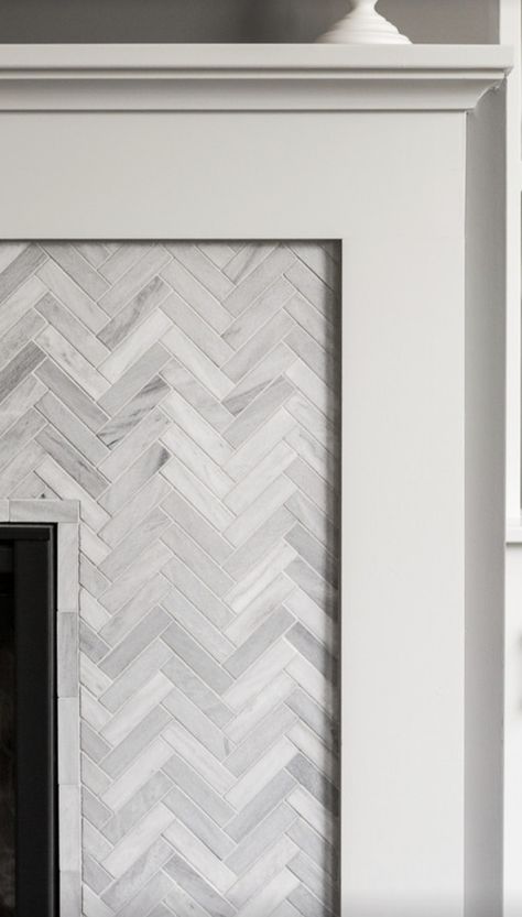 Herringbone Tiled Fireplace, Brick Herringbone Fireplace, Patterned Tile Fireplace, Fireplace Tile Ideas Modern, Herringbone Fireplace Surround, Herringbone Tile Fireplace, Subway Tile Fireplace, Tile Around Fireplace, Herringbone Fireplace