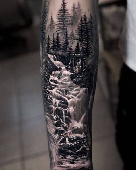 Waterfalls Tattoo Ideas, Waterfall Sleeve Tattoo, Water Themed Sleeve Tattoo, Forest Tattoo For Men, Waterfall Mountain Tattoo, Mountain And Waterfall Tattoo, Jungle Waterfall Tattoo, Nature Leg Tattoo Men, Waterfall Tattoo Ideas For Women