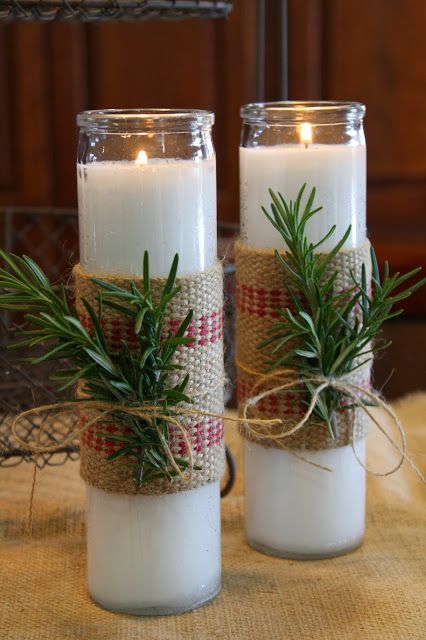 Cheap Christmas Gift Ideas, Cheap Christmas Gift, Rosemary Candles, Burlap Christmas Decorations, Diy Christmas Decorations Dollar Store, Christmas Decor Diy Cheap, Christmas Candle Centerpiece, Dollar Store Candles, Dollar Store Christmas Decor