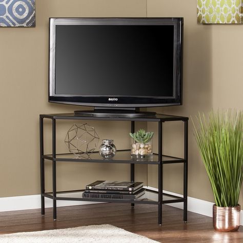 Glass Entertainment Center, Corner Shelves Living Room, Basement Movie Room, Tv Unit Bedroom, Glass Tv Stand, Living Room Entertainment Center, Tv Shelf, Corner Tv Stand, Black Tv