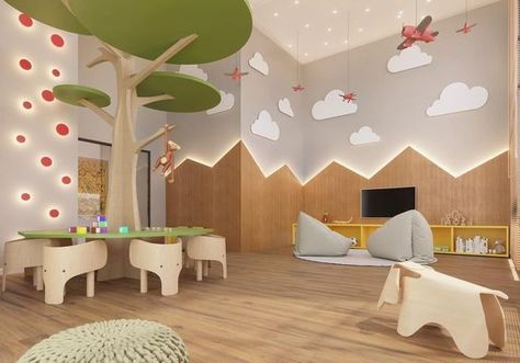 Daycare Center Interior Design, Fun Ceiling Design, Day Care Interior Design, Kindergarten Wall Design, Kindergarden Interiors, Kids Clinic Interior Design, Day Care Center Design, Pediatric Clinic Design Interiors, Daycare Exterior