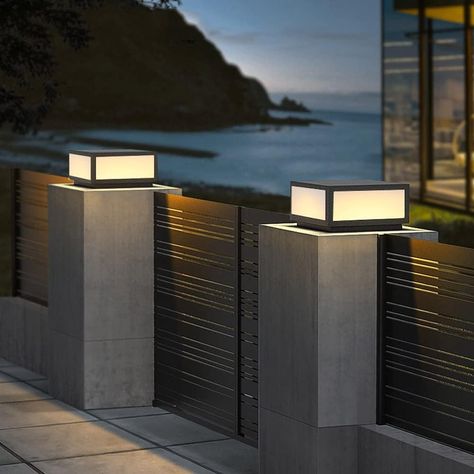 SLAWA Outdoor Post Caps Light With Pier Mount Base Column Cap Lamps Black Waterproof Pole Lantern Light Fixture Square Exterior Pillar Lamp Outdoor Lighting Aluminum Landscape Light For Path Lawn Yard - Amazon.com Gate Lights Entrance Modern, Gate Lights Outdoor Modern, Gate Pillar Lights, Gate Lights Outdoor, Post Lights Outdoor, Gate Lamp, Pillar Lights Outdoor, Outdoor Pillar Lights, Modern Column