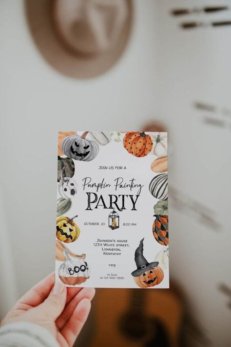 18 Pumpkin Decorating Party Ideas - Lady Celebrations Pumpkin Painting Invitations, Pumpkin Painting Party Invitations, Halloween Invitations Template, Pumpkin Decorating Party, Halloween Pumpkin Painting, Pumpkin Painting Party, Invitations Halloween, Fall Party Invitations, Halloween Invitation Template