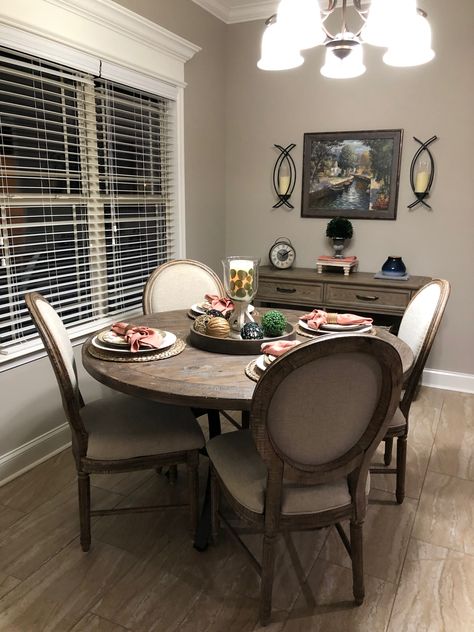 Dining Room Decor With Round Table, Brown Kitchen Table Ideas, Round Table Settings Home, Small Breakfast Room, Round Dinning Room Table With Leaf, Small Brown Kitchen Table, Round Farmhouse Kitchen 6 Seater Table, Dark Wood Dining Table Decor, Wood Dining Table Decor