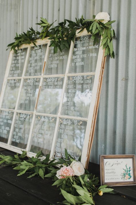 Vintage Window Seating Chart floral accent, greenery, garland, pop of floral, sign in table, assigned seating, table assignments Wedding Seating Chart Vintage, Window Seating Chart, Vintage Wedding Decorations Diy, Wedding Table Assignments, Seating Chart Wedding Diy, Wedding Window, Diy Seating, Wedding Table Seating, Table Seating Chart