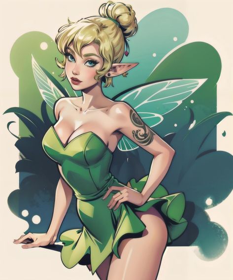 Tinkerbell Bun, Goth Tinkerbell, Strapless Green Dress, Tinkerbell Characters, Tinkerbell Pictures, Tinkerbell Fairies, Dnd Dragons, Elf Ears, 3 Characters