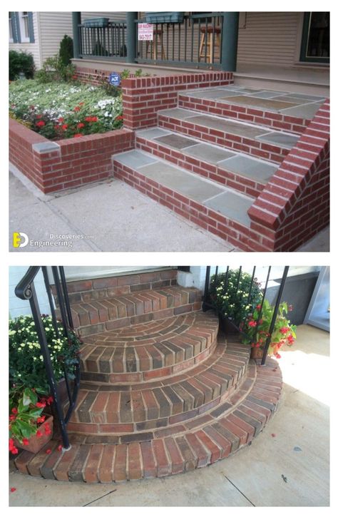 Red Brick Sidewalk, Curved Front Porch Steps, Concrete Brick Steps, Brick Stairs Outside Entrance, Front Steps Ideas Brick, Front Porch Steps Ideas Entrance, Paver Stairs, Brick Stairs, Stairs Tiles Design