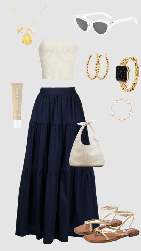 #outfitinspo #classy #chic #simple #summer #gold Simple Looks Outfit, Classy Summer Outfits Aesthetic, Summer Long Skirt Outfits, Gold Sandals Outfit, Beach Outfit Modest, Summer Outfits Skirts, Simple Beach Outfit, Classy Summer Dress, Modesty Outfits