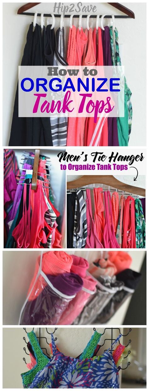 4 Easy Ways to Organize Tank Tops. If you find your closet is a bit of a mess, and you would like to make your closet more organized, then there are some very helpful ways in this blog article. It's definitely worth your time to read up on this.  Visit Hip2Save.com for more tips on home organization, saving money, and craft ideas. Organize Tank Tops, Tank Top Organization, Tank Top Storage, Apartment Closet Organization, Diy Closet Storage, Space Saving Ideas, Closet Clothes Storage, Diy Bedroom Storage, Bedroom Closet Storage