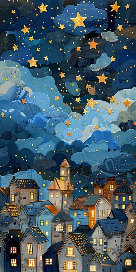 #WhimsicalCityscape #Nighttime #PaperCutouts #CollageTechniques #Dreamy #Magical #TheCandie Murmuration Art, Night Scenes, Inspirational Digital Art, Arte Folk, Night Sky Painting, Night Illustration, Paper Cutouts, Dreamy Artwork, Winter Illustration