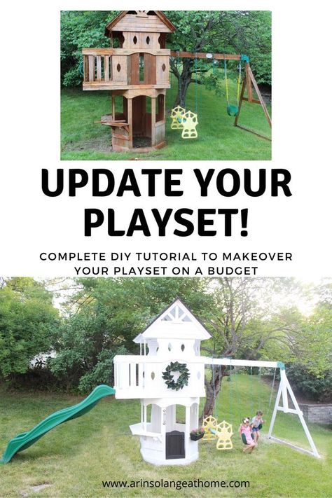 Outdoor Playset Makeover, Diy Swingset, Swing Set Makeover, Playset Makeover, Wood Playground, Wooden Playground, Diy Playground, Gallon Of Paint, Wooden Playset