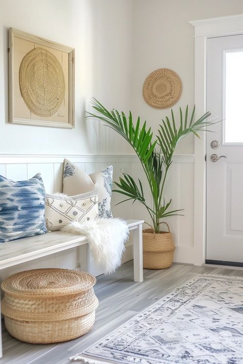 Coastal Entryway Makeover: Welcoming Beachy Touches Beachy Apartment, Coastal Color Scheme, Coastal Office, Coastal Entryway, Entryway Makeover, Apartment Entryway, Beachy Vibes, Coastal Colors, Whitewash Wood