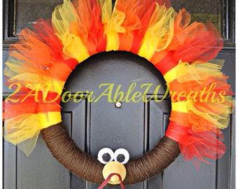 Thanksgiving Turkey Wreath - Fall Wreath - Red, Yellow and Orange Wreath - Gobble Gobble - Yarn and Tulle Wreath Thanksgiving Wreaths Diy, Diy Wreaths Decor, Turkey Wreath, Easy Fall Wreaths, Fruit Wreath, Orange Wreath, Tulle Wreath, Easy Wreaths, Thanksgiving Wreath