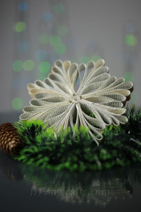 How to Make Snowflake Ornaments Out of an Old Book - DIY & Crafts Recycled Books Crafts, Christmas Ornaments Made From Old Book Pages, Christmas Decor With Book Pages, Book Page Wreaths, Old Book Ornaments Diy, Book Page Ornaments Christmas Decorations, Christmas Decor Ideas For Library, Ornaments Out Of Book Pages, Book Snowman Diy