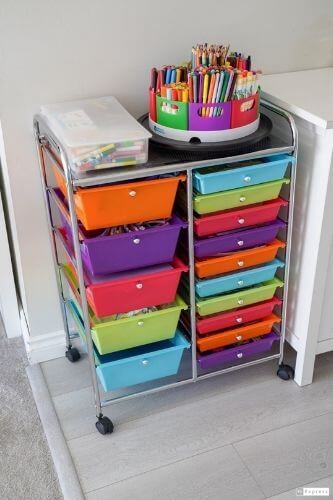 Organize Art Cart, Art Cart Organization Storage Ideas, Art Cart For Playroom, Organizing Kids Arts And Crafts Supplies, Art Supplies Storage Kids, Playroom Arts And Crafts Storage, Craft Cart Storage, Organize Art Supplies For Kids, Childrens Craft Storage