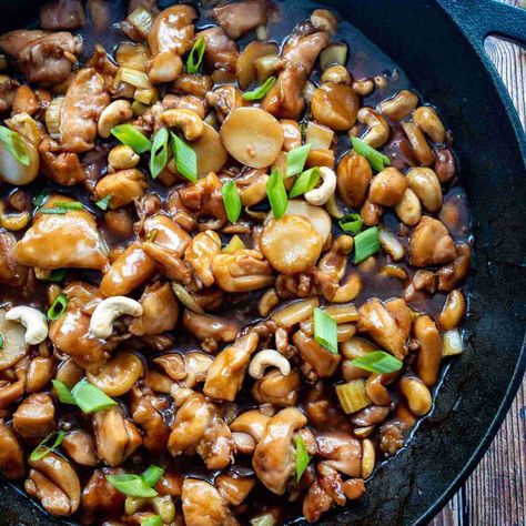 Easy Skillet Cashew Chicken with Celery and Water Chestnuts Celery Water, Easy Cashew Chicken Recipe, Cashew Chicken Recipe, Chinese Cooking Wine, Water Chestnut, Easy Skillet, Water Chestnuts, Cashew Chicken, Roasted Cashews