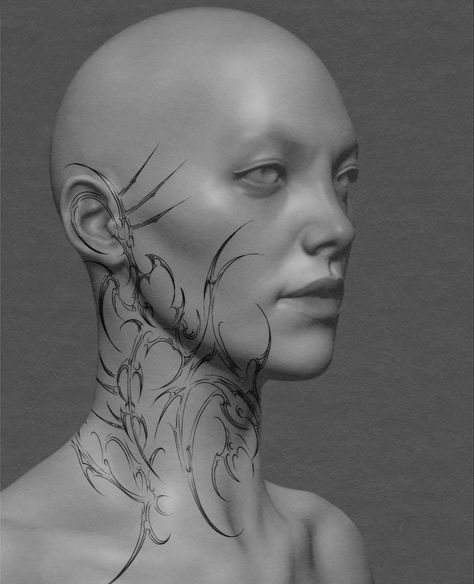 Cybersigilism Neck Tattoo, Abstract Face Tattoo, Glam Halloween, Inspo Art, Medusa Tattoo, Initial Tattoo, Feather Tattoo, Red Feather, Face Tattoo